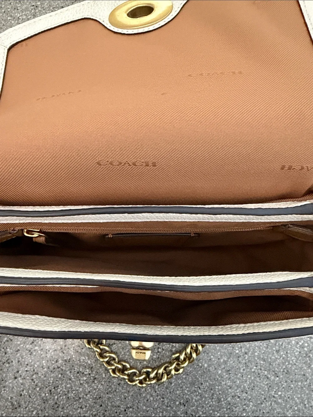 Coach Cream Pebbled Leather Crossbody with Gold Chain and Turnlock
